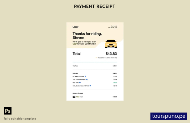 Plantilla de recibo de pago del servicio Uber lista para imprimir